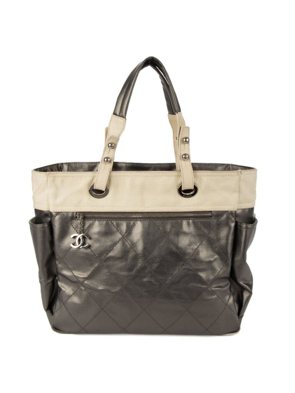 Chanel Large Paris Biarritz Tote Bag Gray Beige Quilted Lambskin Leather